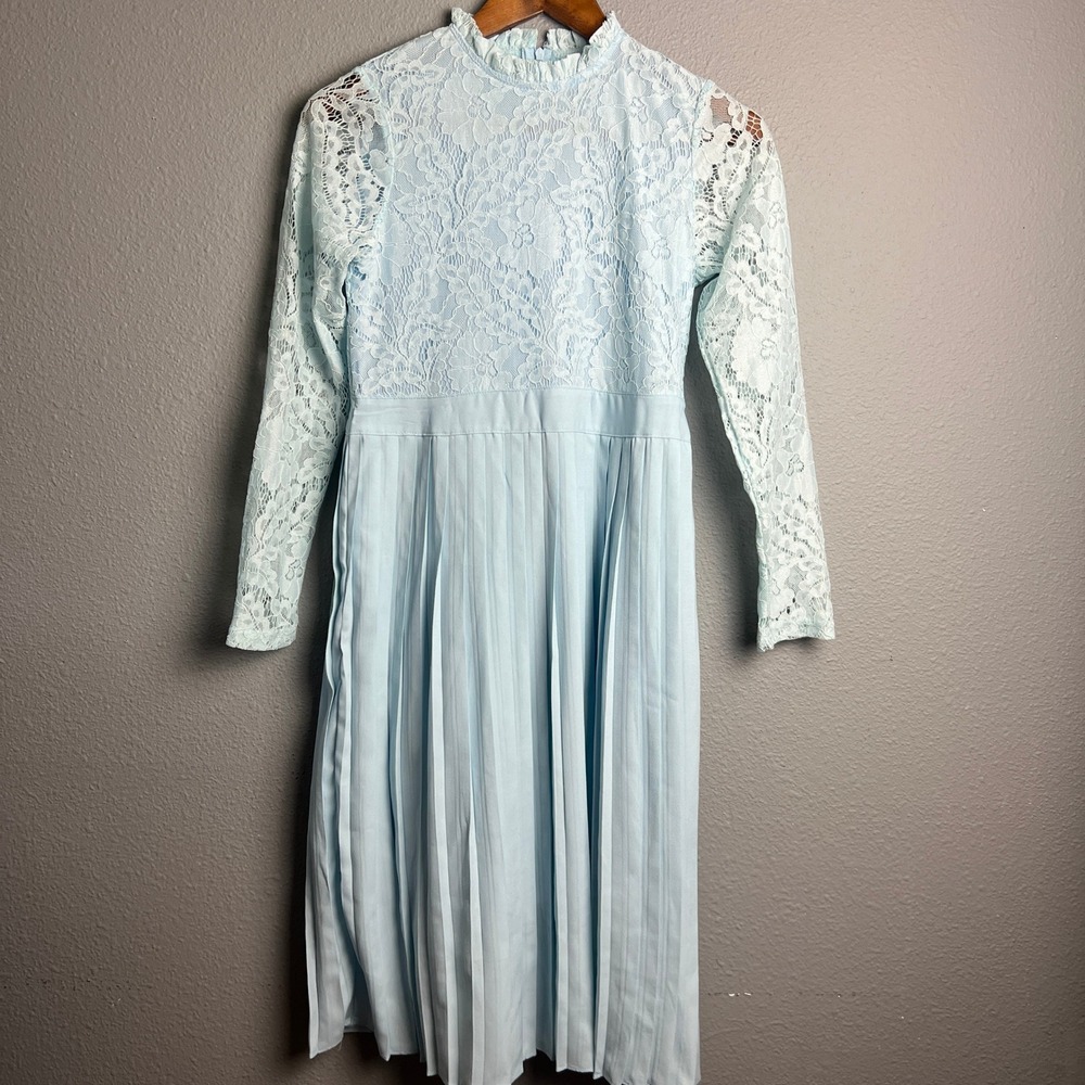 Peyton‎ Bre Youth Lace Long Sleeve Pleated Midi Dress Mock Neck Blue Size 14